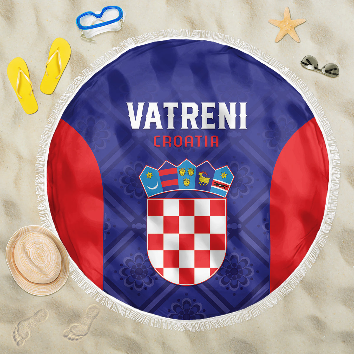 Round blue and red football beach blanket with Croatia crest and fringe border