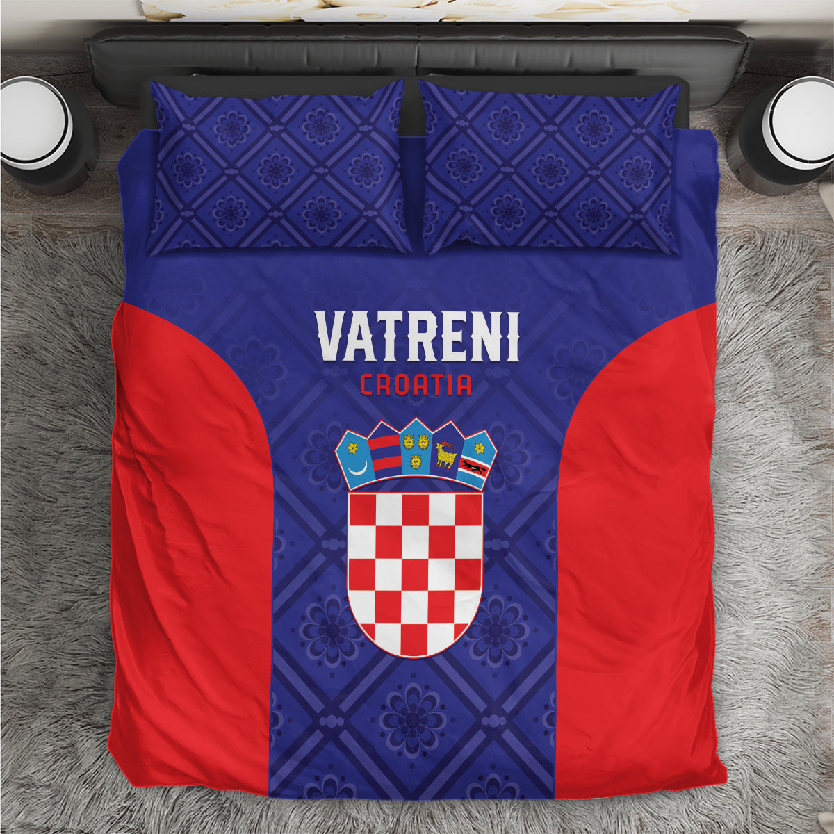 Croatia bedding set flatlay: blue/red duvet with 'VATRENI CROATIA' crest, 2 matching pillows