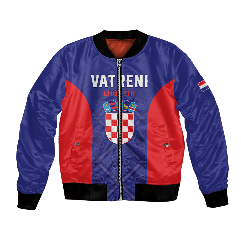 Blue satin bomber jacket with red side panels, zipper front, Croatian crest and sleeve flag