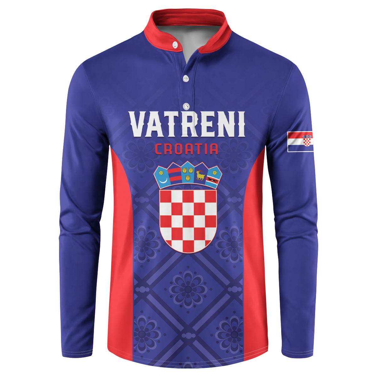 Blue button-up football sweatshirt with red collar and Croatia graphic on chest