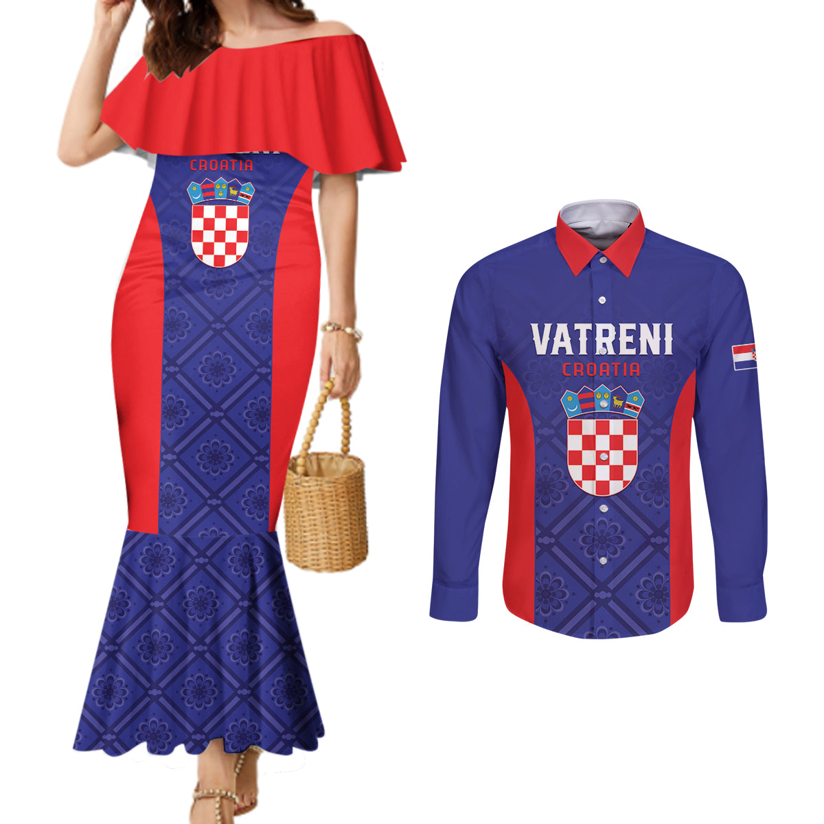 Personalized Croatia 2024 Football Couples Matching Mermaid Dress and Long Sleeve Button Shirt Hrvatska Vatreni