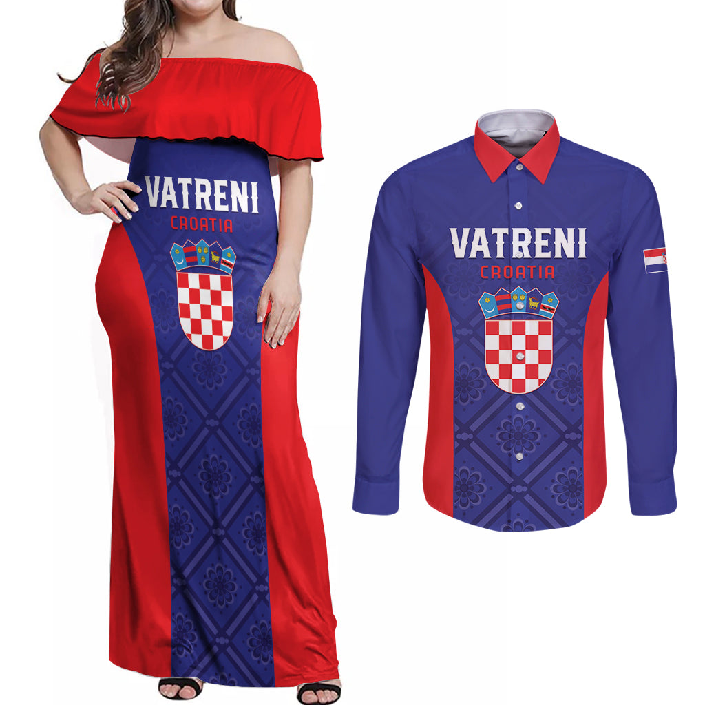 Personalized Croatia 2024 Football Couples Matching Off Shoulder Maxi Dress and Long Sleeve Button Shirt Hrvatska Vatreni