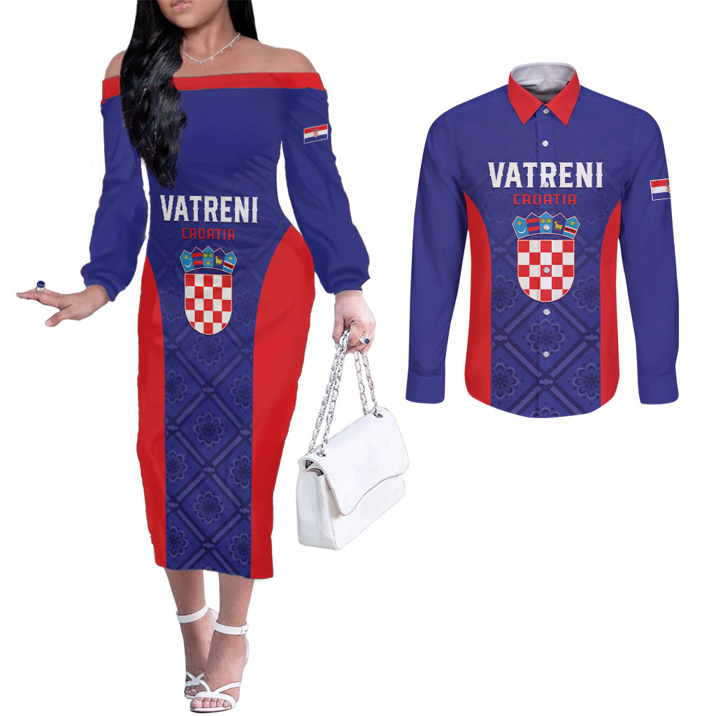 Personalized Croatia 2024 Football Couples Matching Off The Shoulder Long Sleeve Dress and Long Sleeve Button Shirt Hrvatska Vatreni