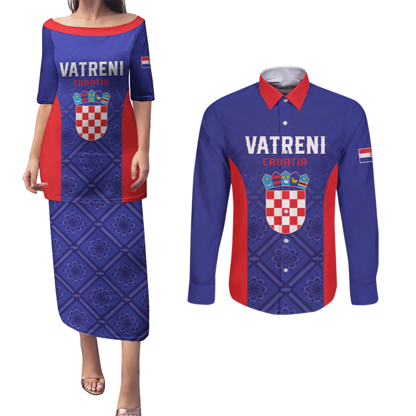 Personalized Croatia 2024 Football Couples Matching Puletasi and Long Sleeve Button Shirt Hrvatska Vatreni