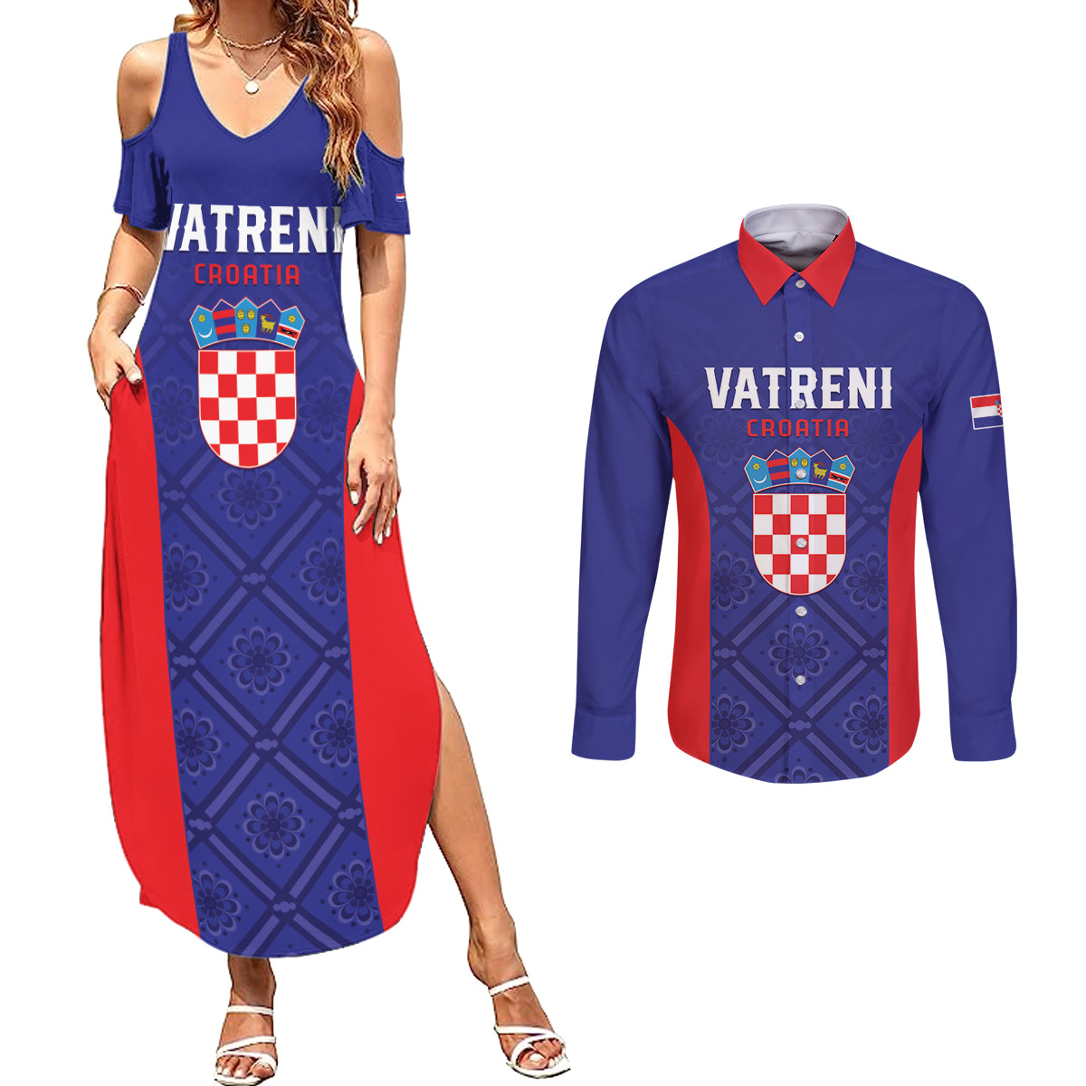 Personalized Croatia 2024 Football Couples Matching Summer Maxi Dress and Long Sleeve Button Shirt Hrvatska Vatreni