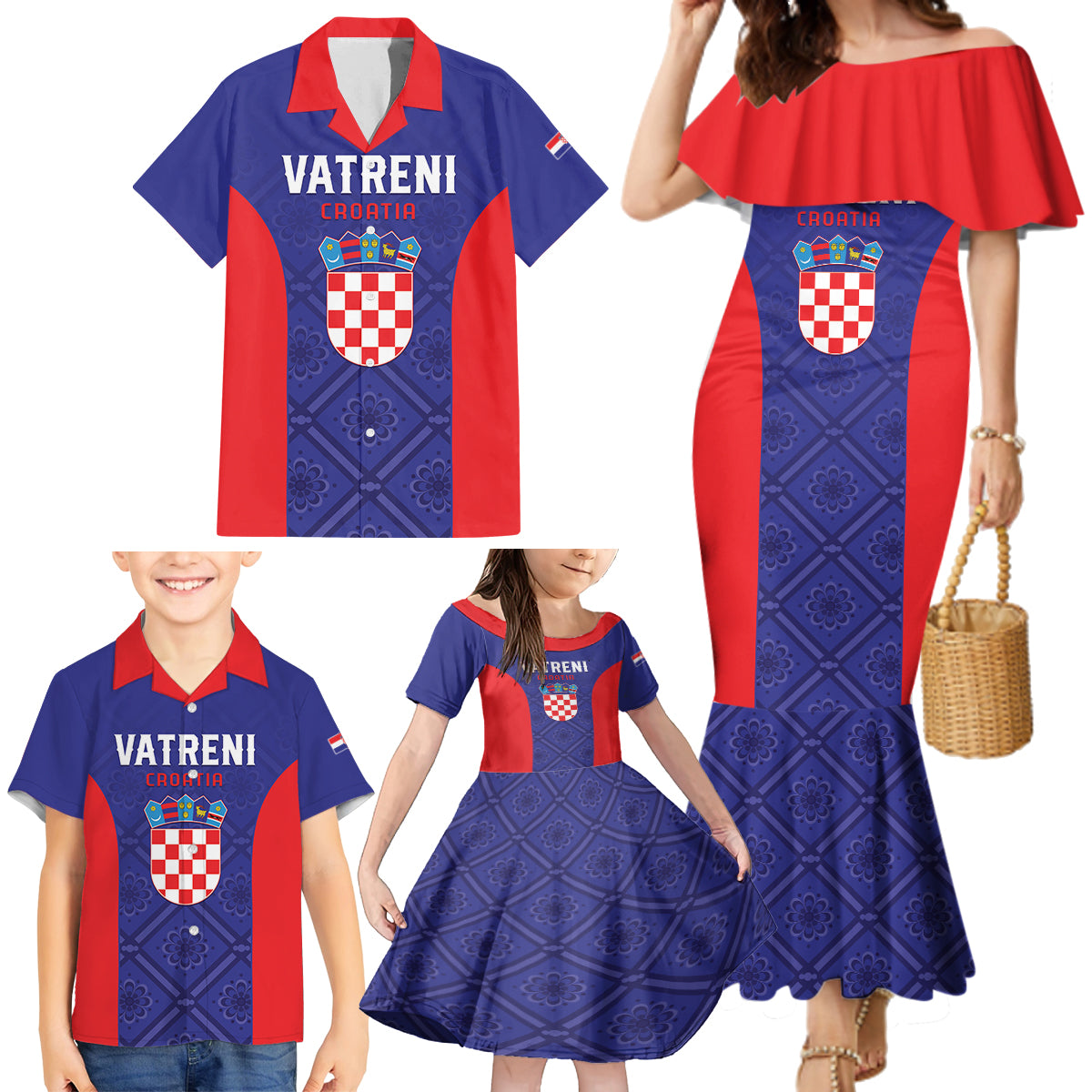 Personalized Croatia 2024 Football Family Matching Mermaid Dress and Hawaiian Shirt Hrvatska Vatreni