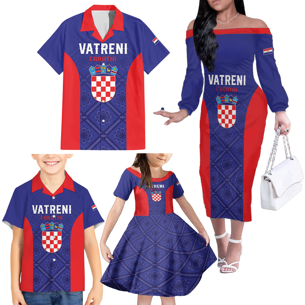 Personalized Croatia 2024 Football Family Matching Off The Shoulder Long Sleeve Dress and Hawaiian Shirt Hrvatska Vatreni