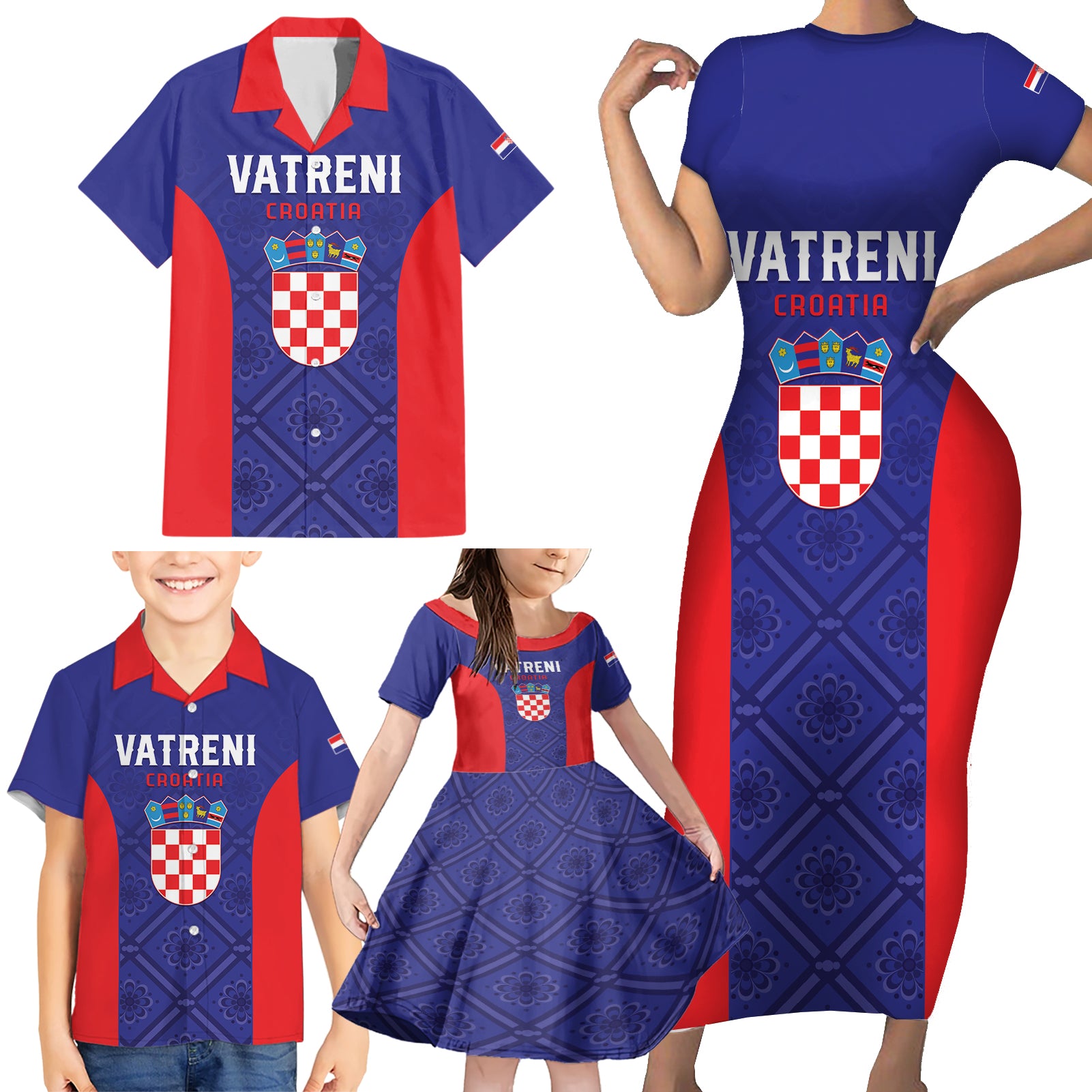 Personalized Croatia 2024 Football Family Matching Short Sleeve Bodycon Dress and Hawaiian Shirt Hrvatska Vatreni