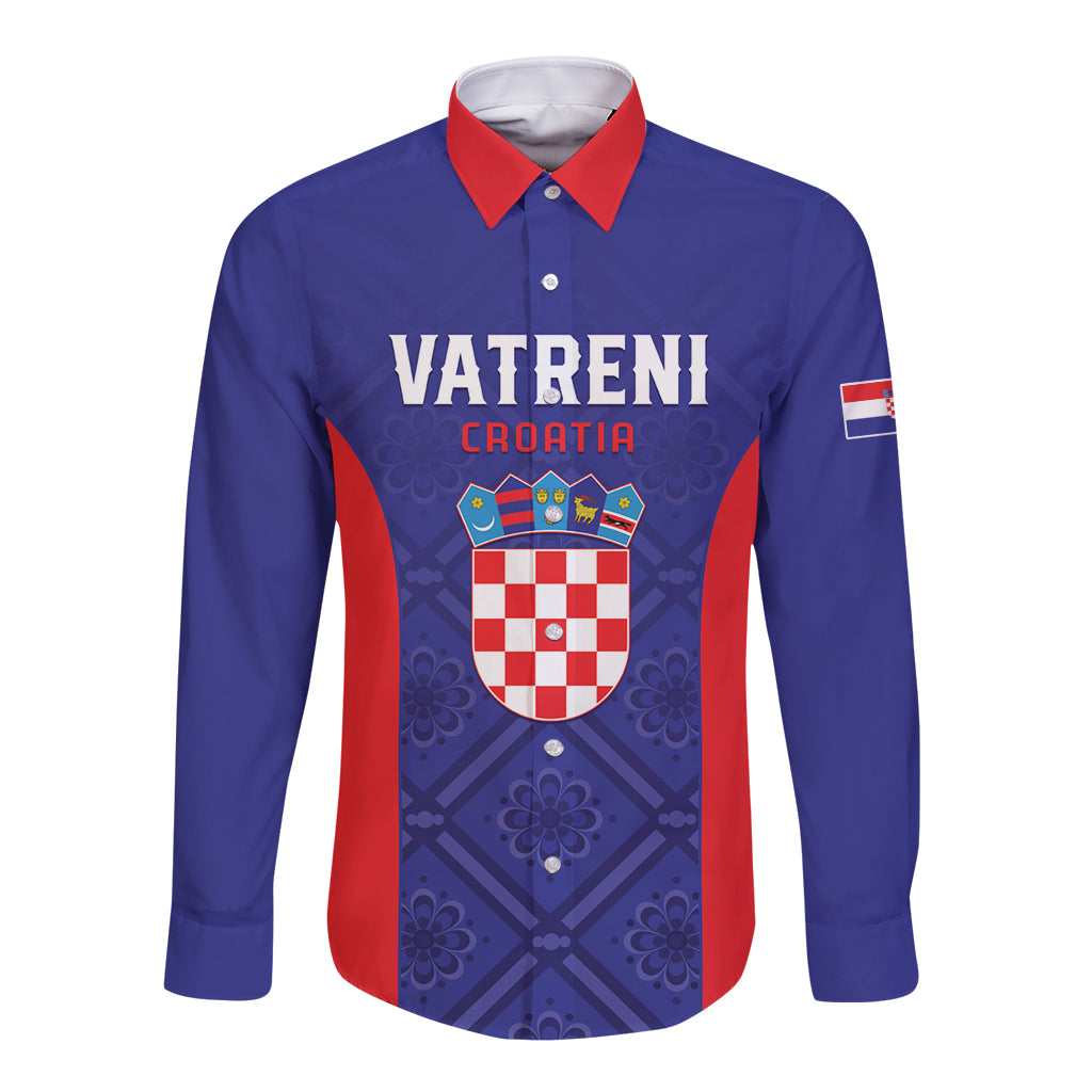 Blue long-sleeve button football shirt with red collar and VATRENI CROATIA graphic