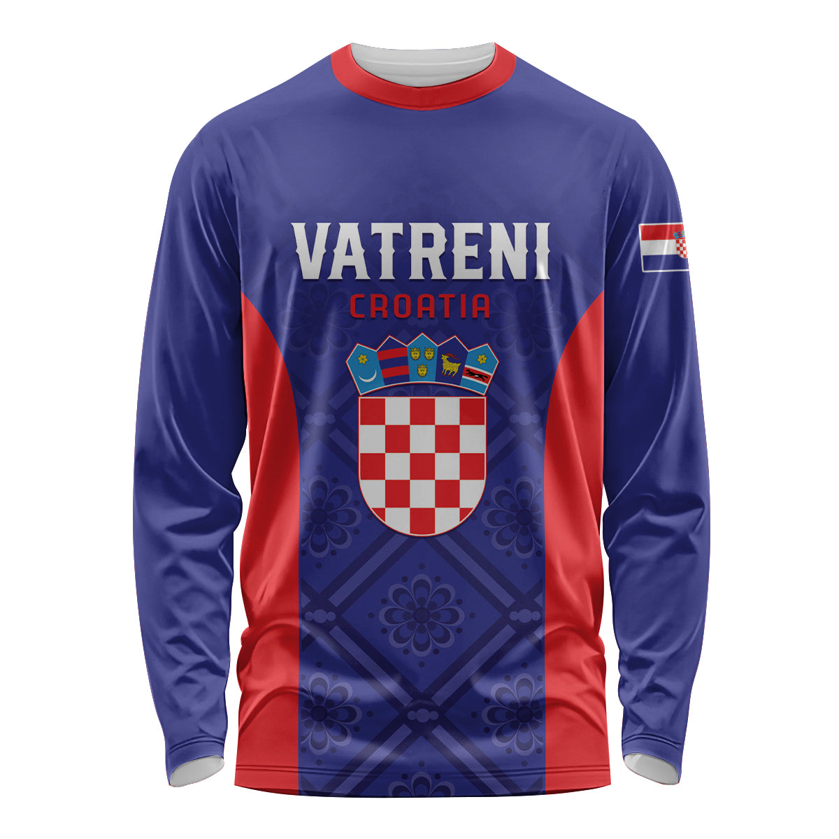 Blue football long-sleeve shirt with red panels, VATRENI CROATIA print and crest