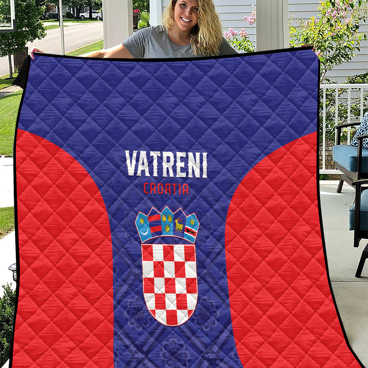 Croatia football quilt draped outdoors, blue field with red sides and VATRENI crest