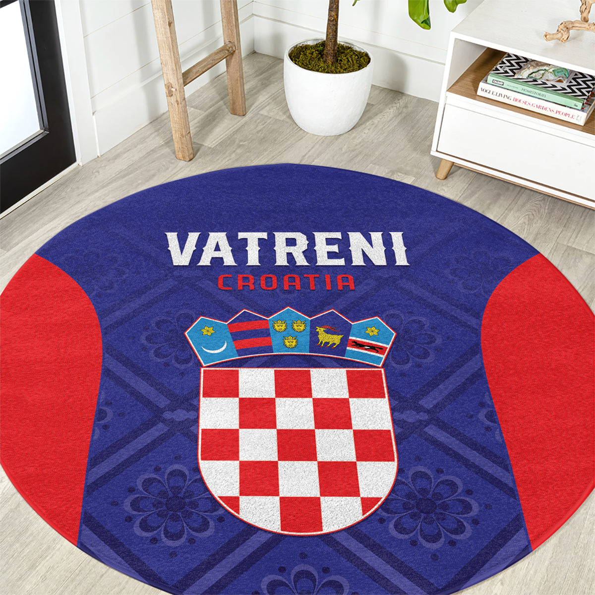 Blue round Croatia football carpet with red trim, “VATRENI” text, and crest graphic