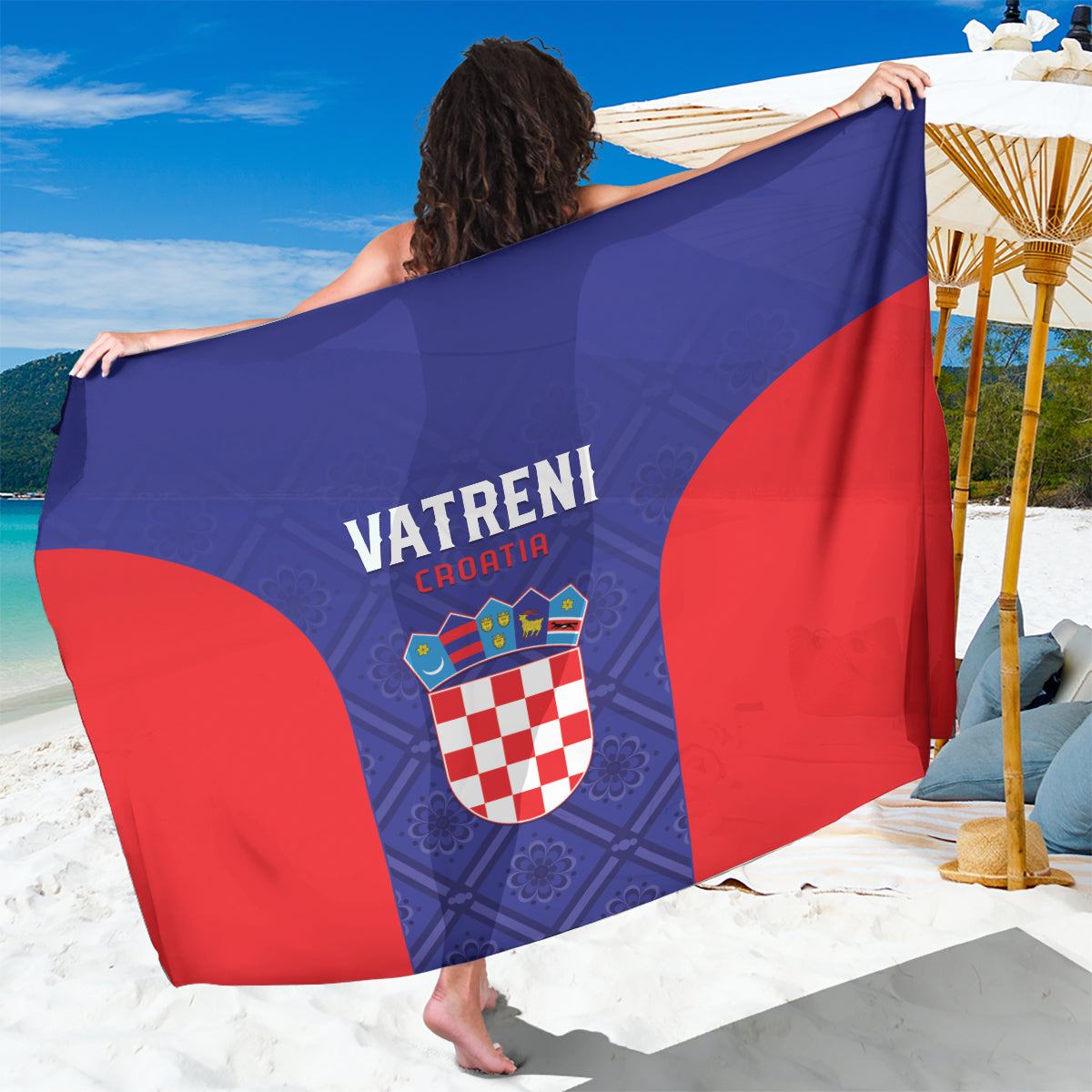 Croatia football sarong, blue and red flag-style design with crest, draped flat
