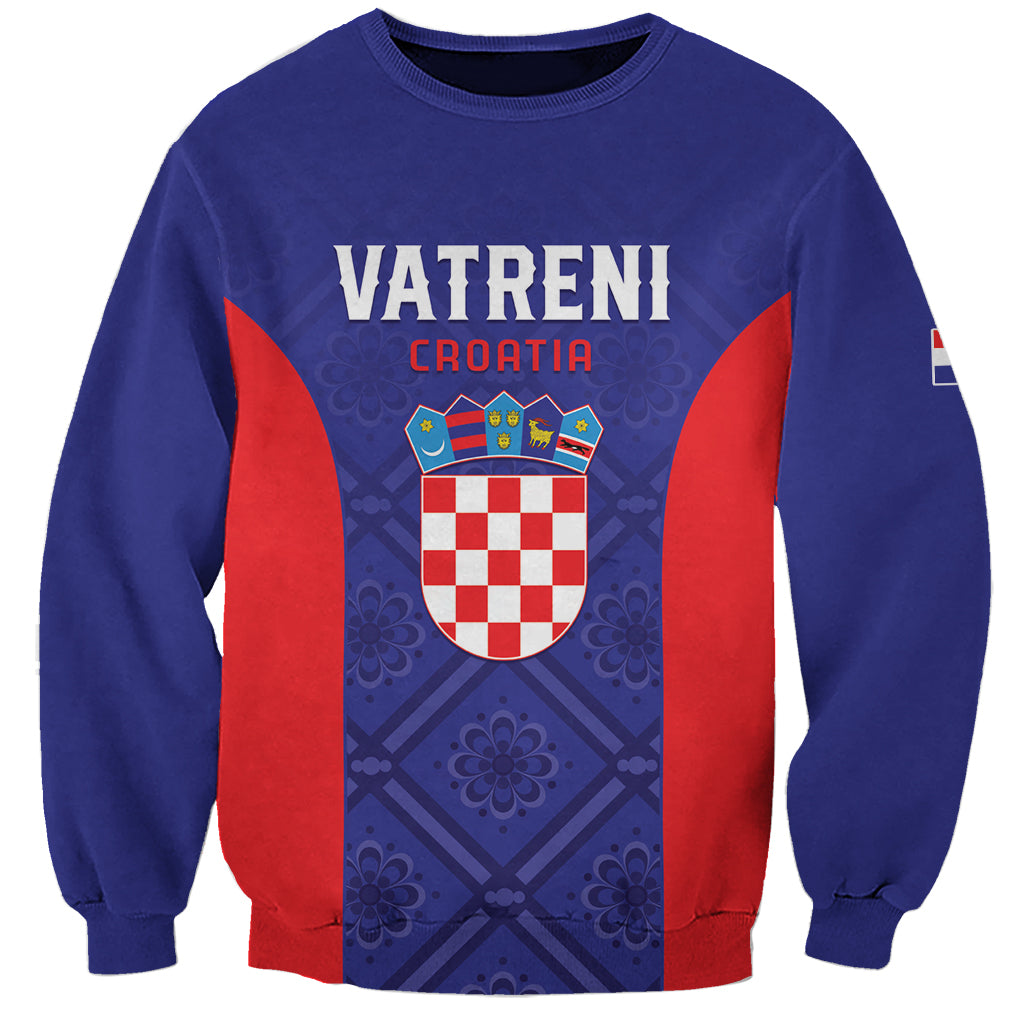 Blue football sweatshirt with 'VATRENI CROATIA' crest front graphic