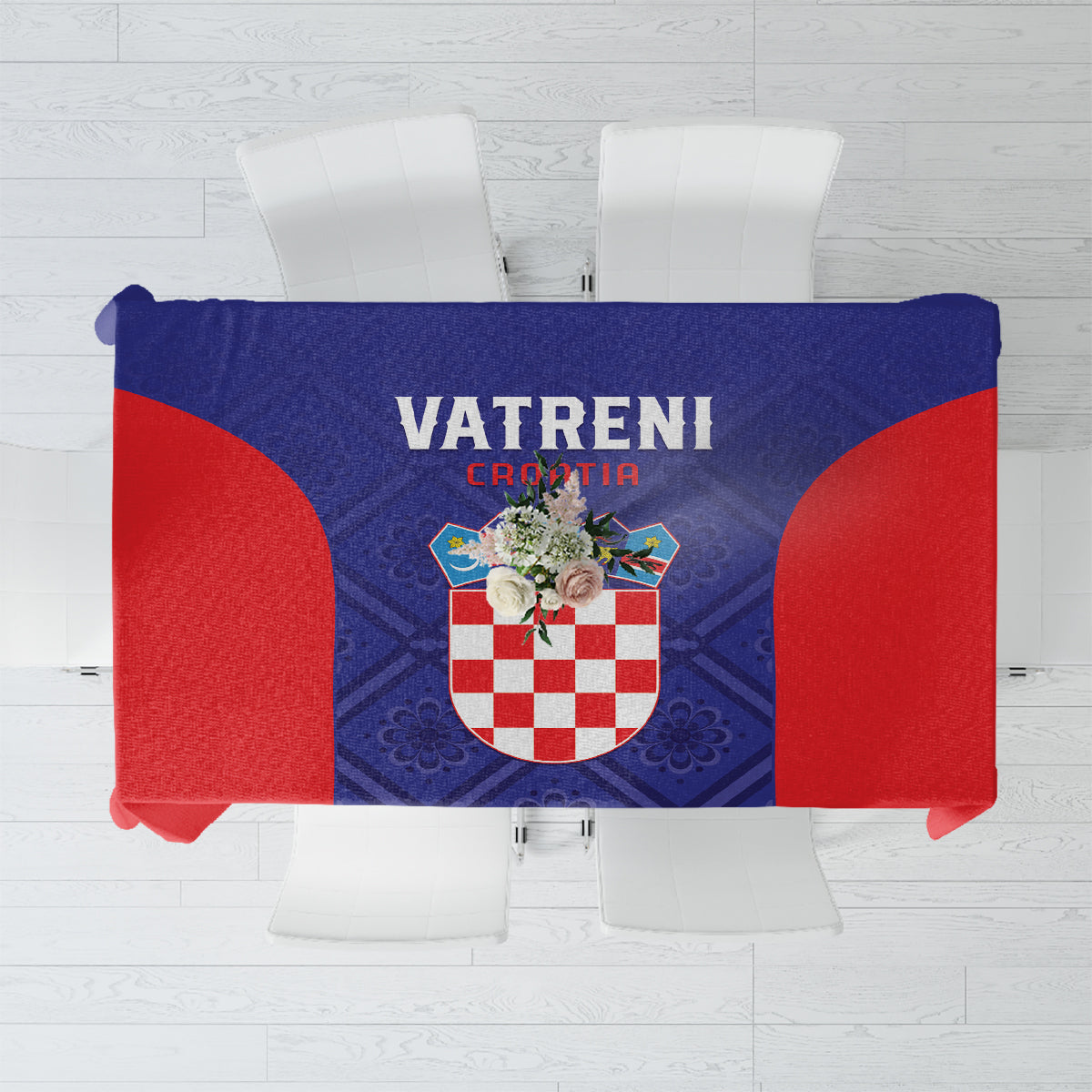Croatia football tablecloth, blue design with Vatreni Croatia text and crest, red edges.