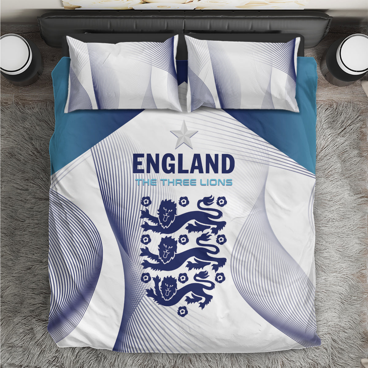 England 2024 football bedding set with blue/white duvet, star panel, lion crest