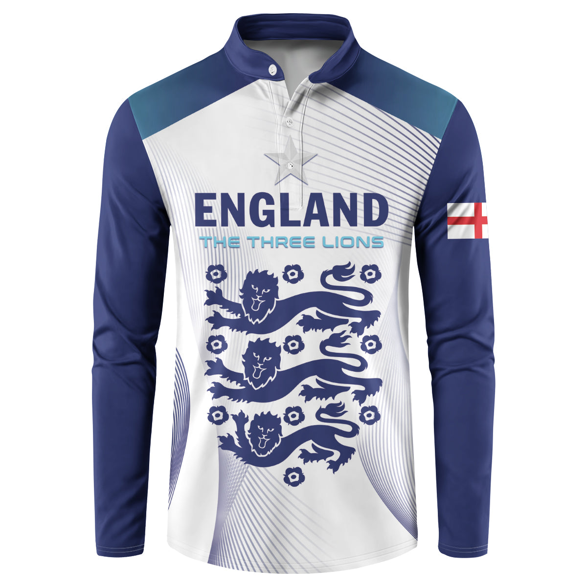Blue and white long-sleeve England henley sweatshirt with front crest and sleeve flag