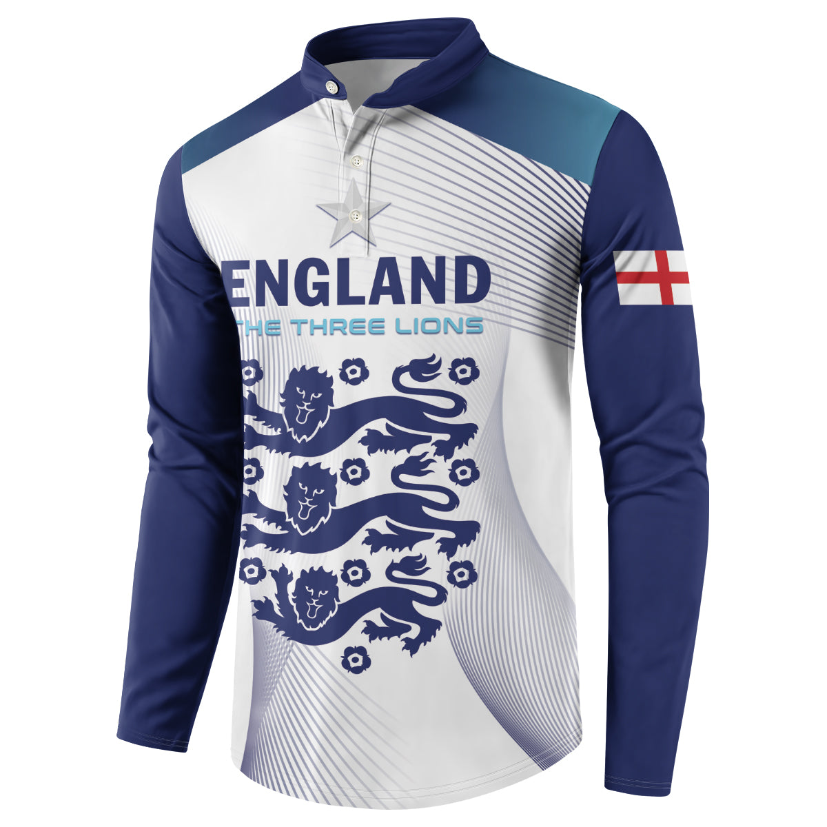 Blue and white England henley sweatshirt with star logo and lion graphic front
