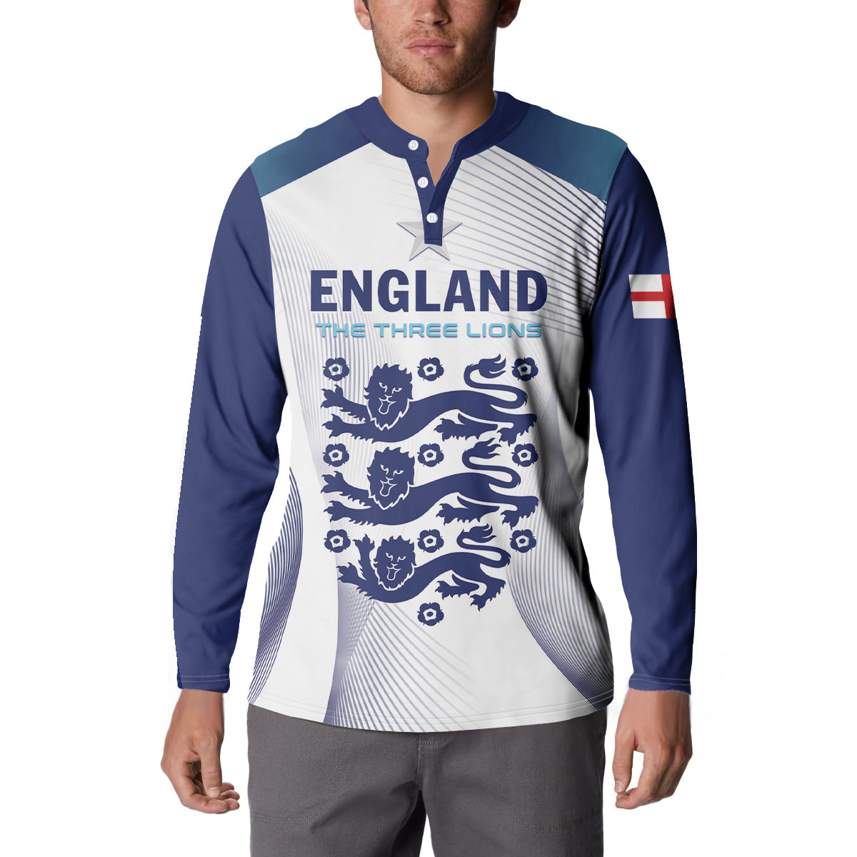 Blue and white England football sweatshirt with button henley collar and crest graphic