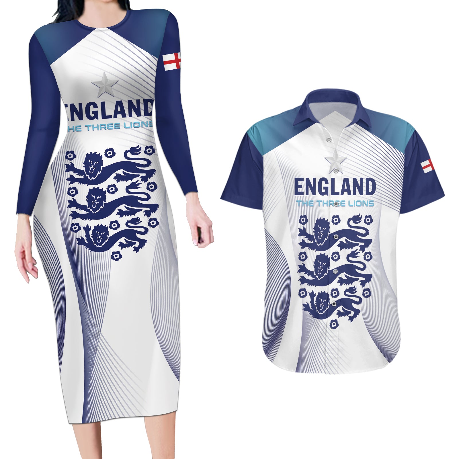 Personalized England 2024 Football Couples Matching Long Sleeve Bodycon Dress and Hawaiian Shirt Come On The Three Lions - Wonder Print Shop