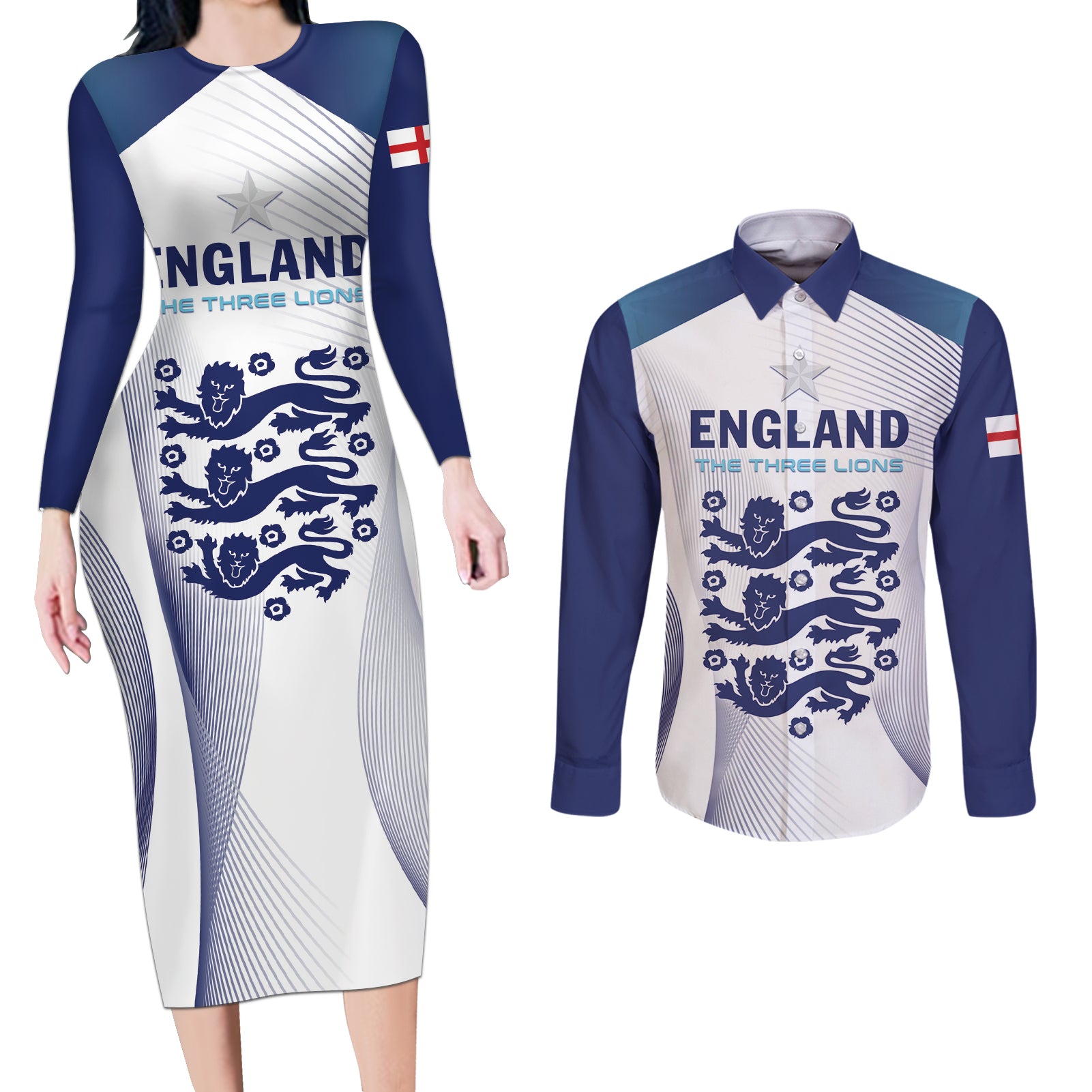 Personalized England 2024 Football Couples Matching Long Sleeve Bodycon Dress and Long Sleeve Button Shirt Come On The Three Lions - Wonder Print Shop