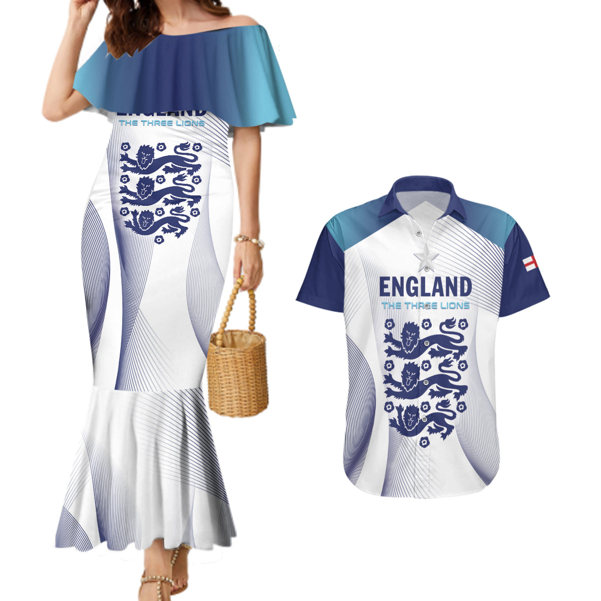 Personalized England 2024 Football Couples Matching Mermaid Dress and Hawaiian Shirt Come On The Three Lions - Wonder Print Shop