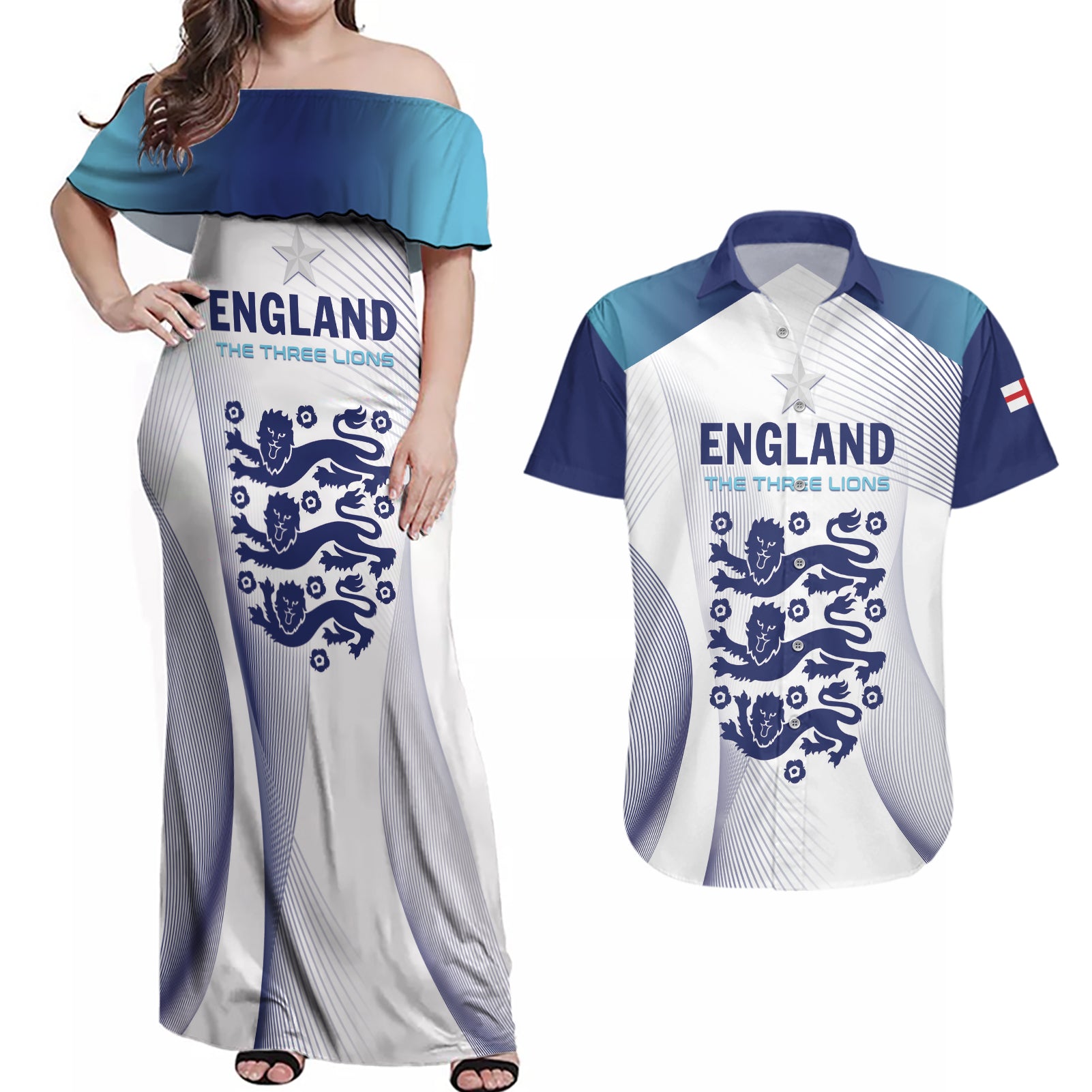 Personalized England 2024 Football Couples Matching Off Shoulder Maxi Dress and Hawaiian Shirt Come On The Three Lions - Wonder Print Shop