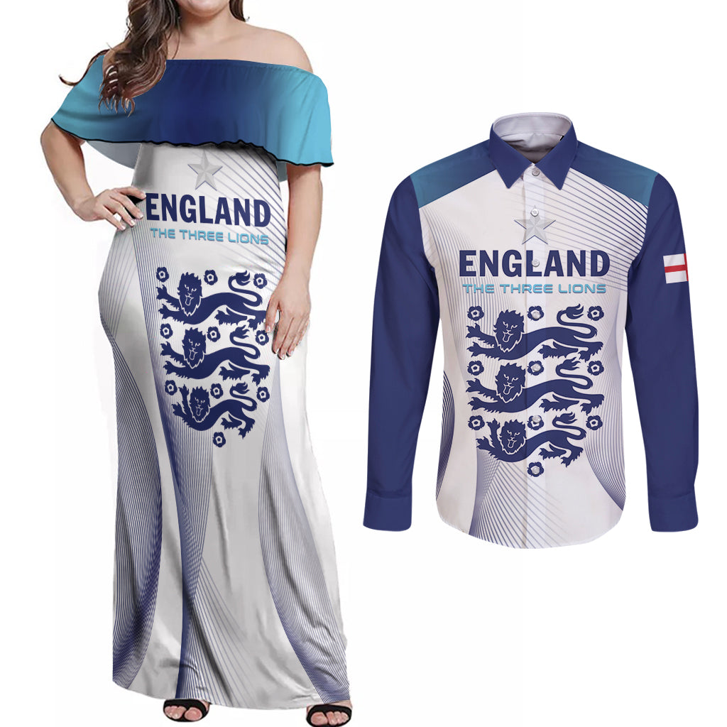 Personalized England 2024 Football Couples Matching Off Shoulder Maxi Dress and Long Sleeve Button Shirt Come On The Three Lions - Wonder Print Shop