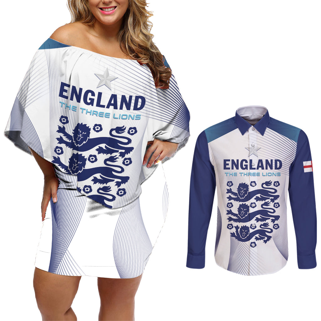 Personalized England 2024 Football Couples Matching Off Shoulder Short Dress and Long Sleeve Button Shirt Come On The Three Lions - Wonder Print Shop