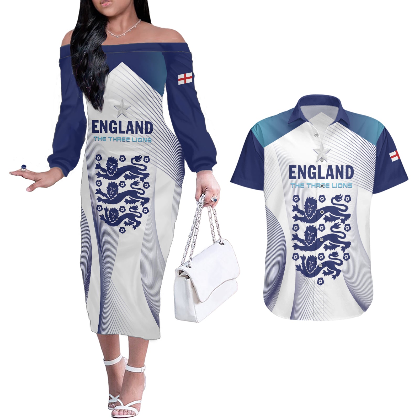 Personalized England 2024 Football Couples Matching Off The Shoulder Long Sleeve Dress and Hawaiian Shirt Come On The Three Lions - Wonder Print Shop