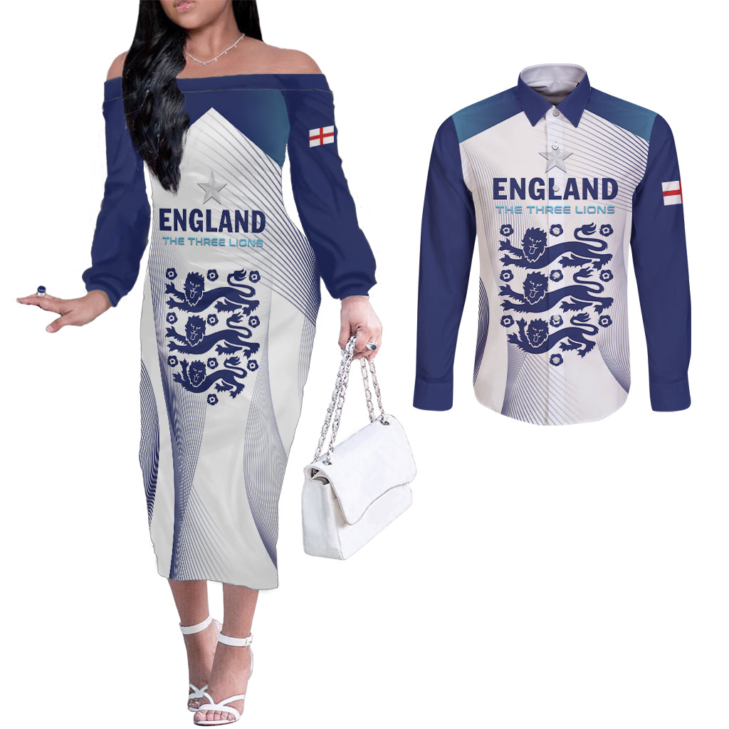 Personalized England 2024 Football Couples Matching Off The Shoulder Long Sleeve Dress and Long Sleeve Button Shirt Come On The Three Lions