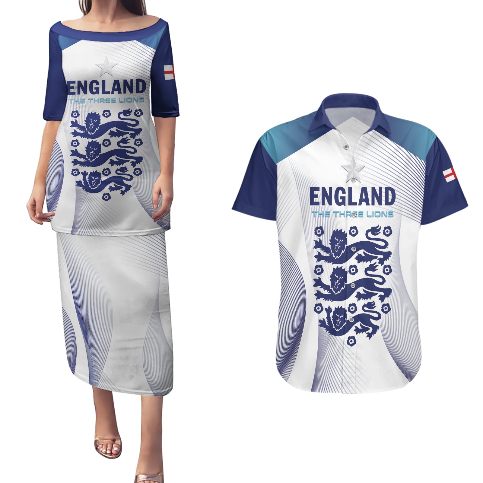 Personalized England 2024 Football Couples Matching Puletasi and Hawaiian Shirt Come On The Three Lions - Wonder Print Shop