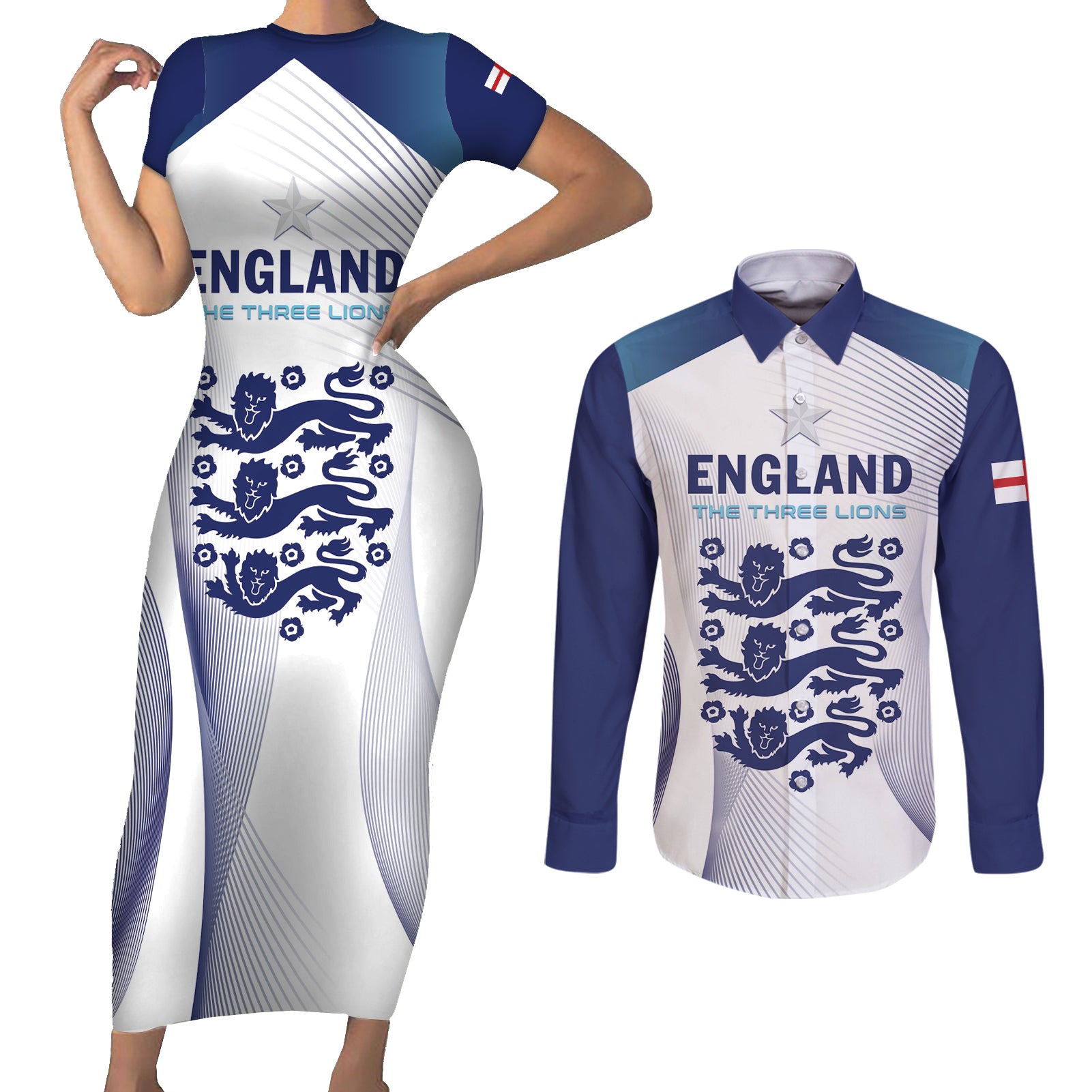 Personalized England 2024 Football Couples Matching Short Sleeve Bodycon Dress and Long Sleeve Button Shirt Come On The Three Lions - Wonder Print Shop