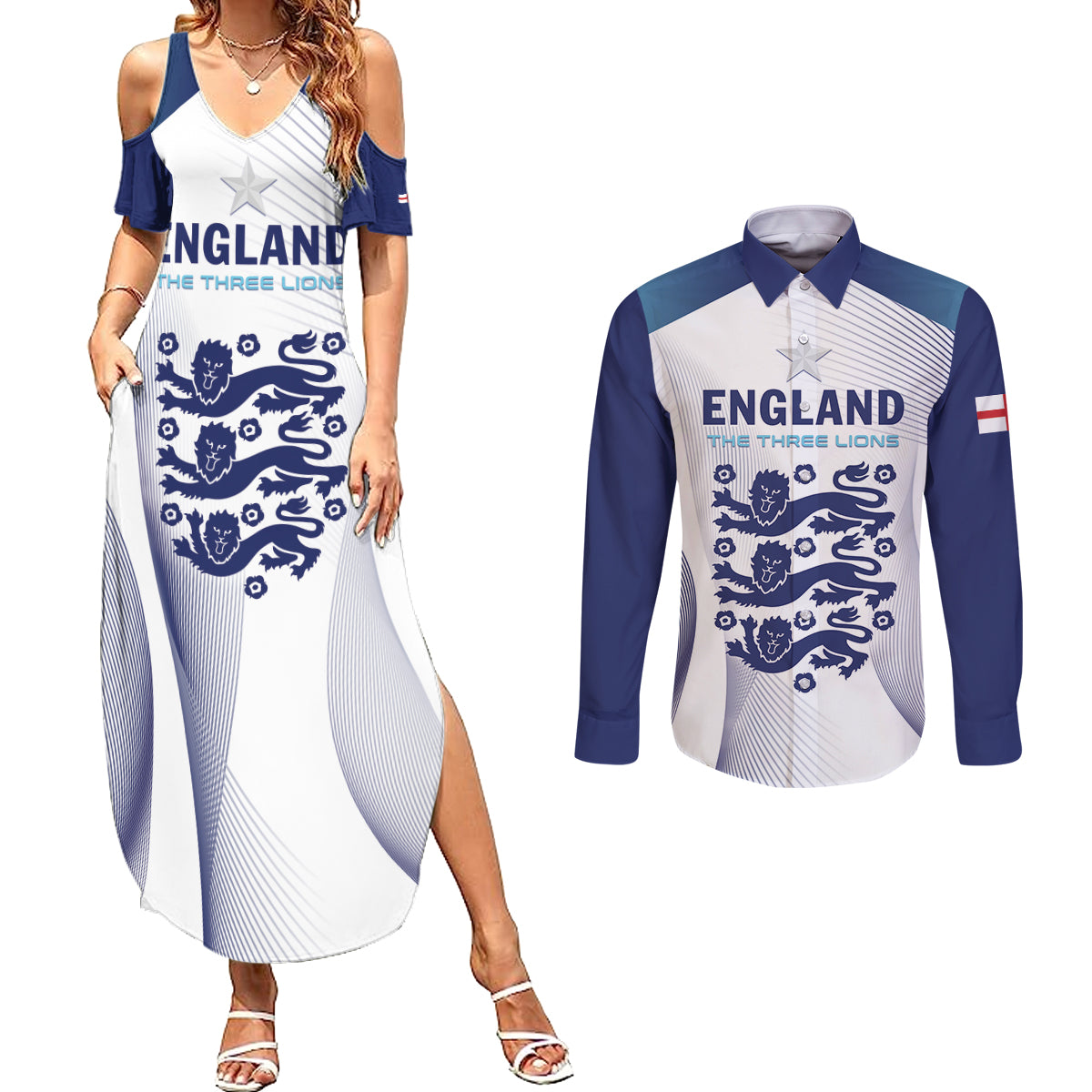 Personalized England 2024 Football Couples Matching Summer Maxi Dress and Long Sleeve Button Shirt Come On The Three Lions - Wonder Print Shop