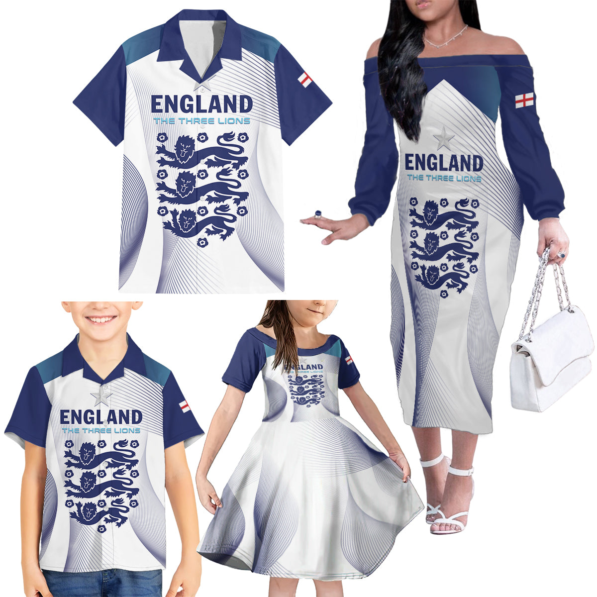 Personalized England 2024 Football Family Matching Off The Shoulder Long Sleeve Dress and Hawaiian Shirt Come On The Three Lions - Wonder Print Shop