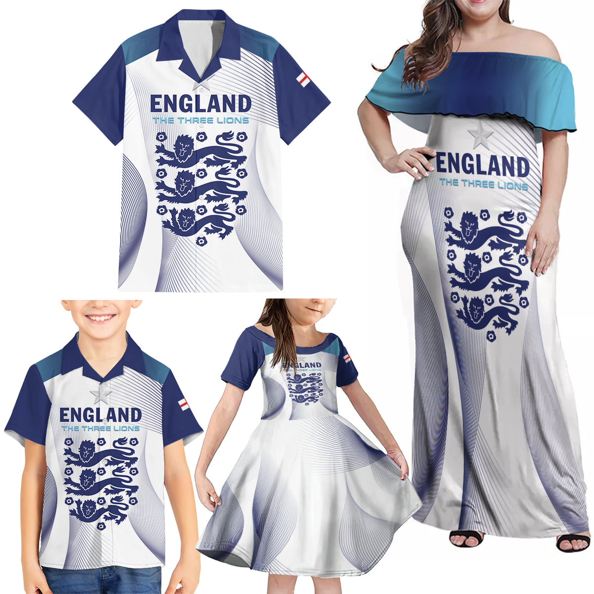 Personalized England 2024 Football Family Matching Off Shoulder Maxi Dress and Hawaiian Shirt Come On The Three Lions - Wonder Print Shop