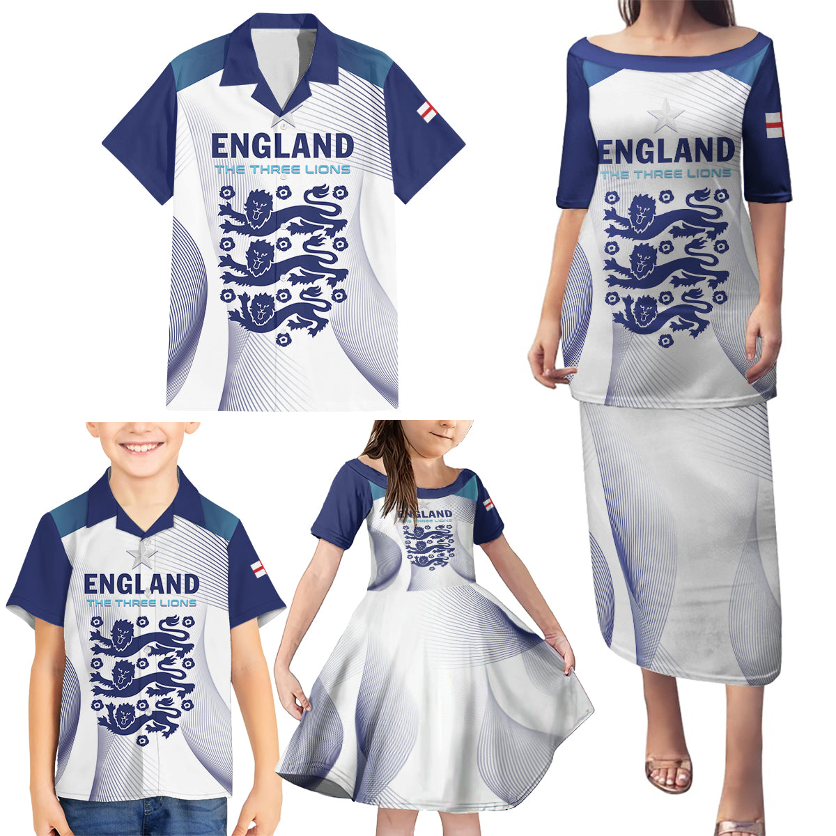 Personalized England 2024 Football Family Matching Puletasi and Hawaiian Shirt Come On The Three Lions - Wonder Print Shop