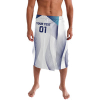 Personalized England football lavalava with blue waistband, white-blue pattern and 'YOUR TEXT 01'