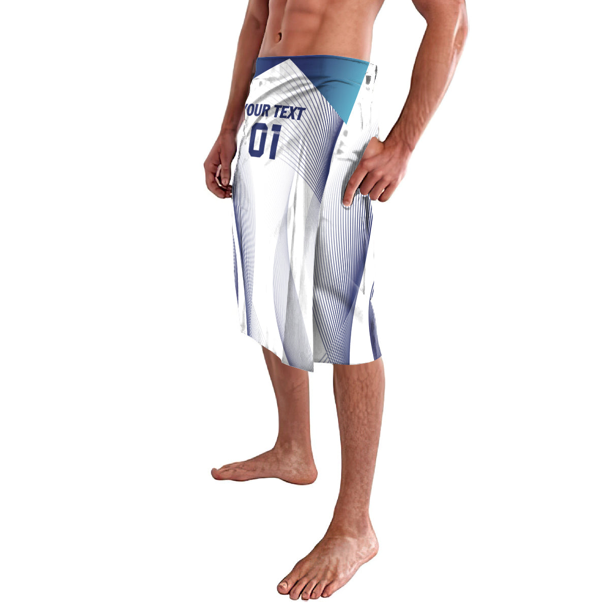 Personalized England football lavalava with blue waistband and white-blue abstract panel design