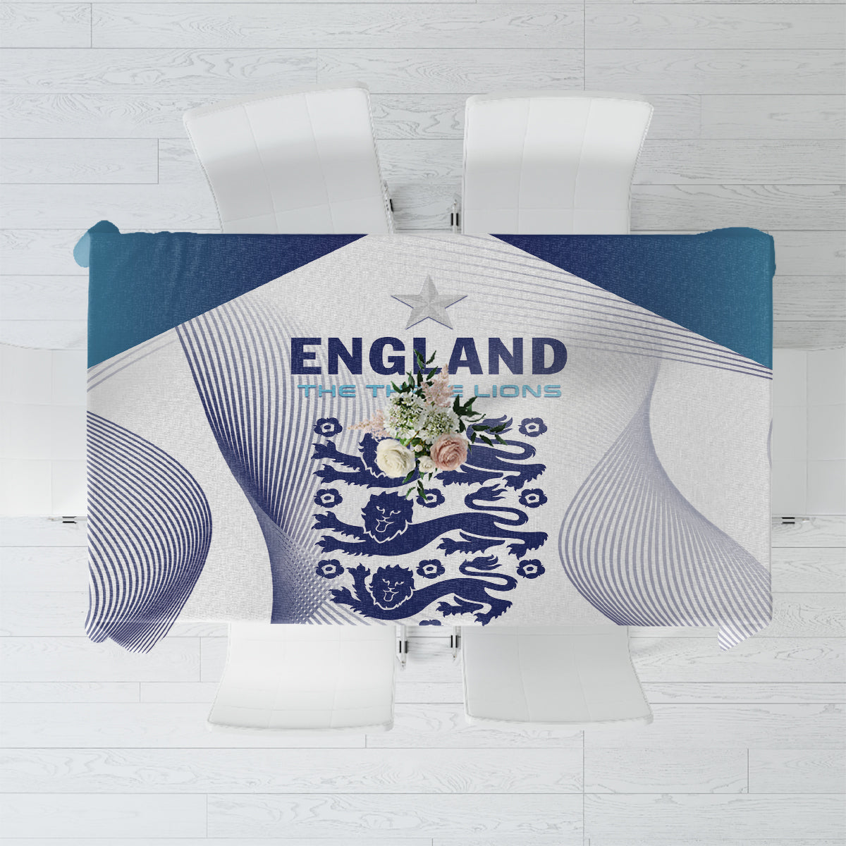 Blue and white England tablecloth with ENGLAND text and Three Lions crest