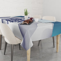 Blue and white England football tablecloth with striped pattern and lion emblem