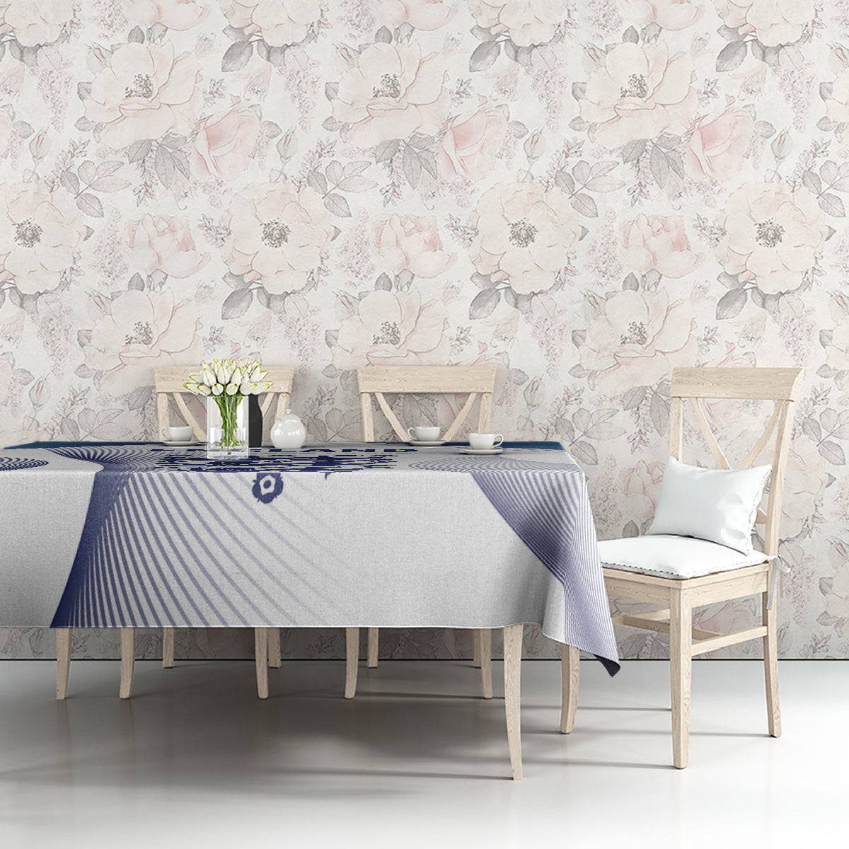 Blue and white England football tablecloth on dining table with draped corner edge