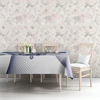 Blue and white England football tablecloth on dining table with draped corner edge
