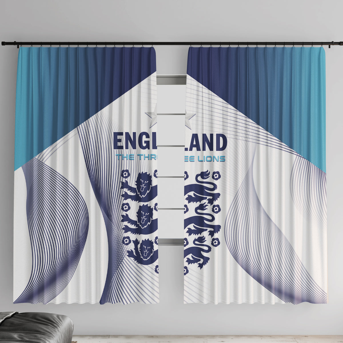 Blue and white England football window curtain pair with lion crest graphic on panels