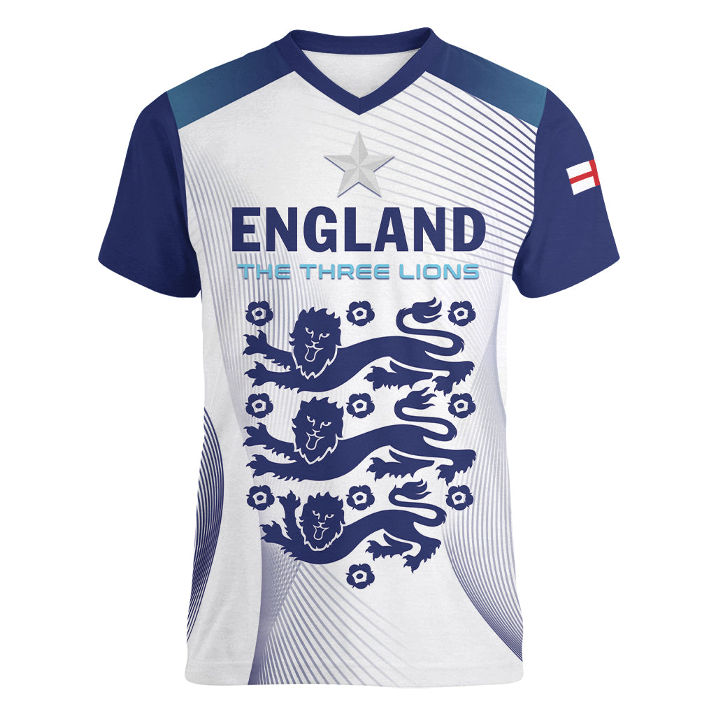 Personalized England 2024 Football Women V-Neck T-Shirt Come On The Three Lions