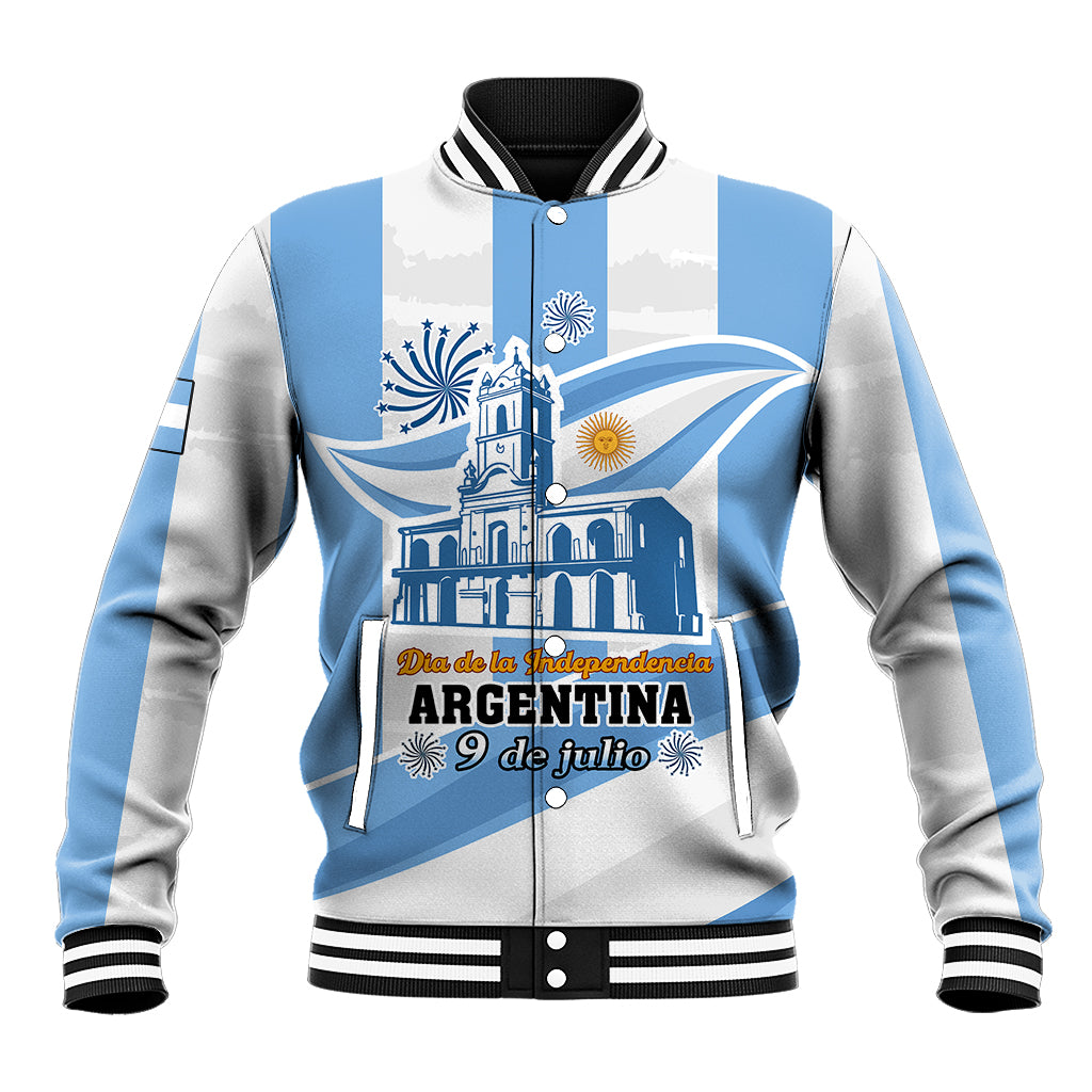 Blue and gray baseball jacket with white panel, striped ribbed collar, front Argentina graphic