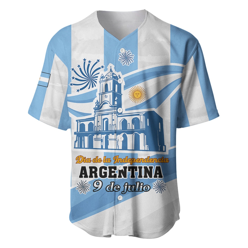 Light blue and white baseball jersey with Argentina independence graphic and date text