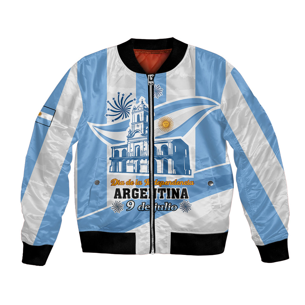 Unisex blue and white bomber jacket with zip front, ribbed cuffs, Argentina Independence graphic
