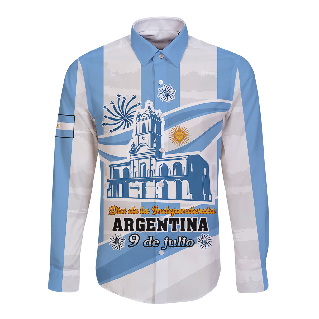 Unisex long-sleeve button shirt, light blue and white with Argentina flag monument graphic