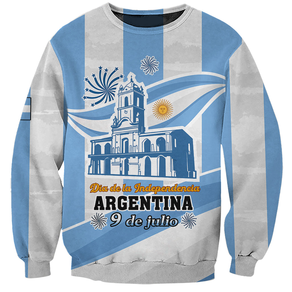 Unisex blue-gray sweatshirt with Argentina flag artwork and '9 de julio' text